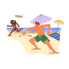 Fototapeta premium Father and kid play flying disk together at resort. Dad has fun with child on sand beach. Family does sport on sea shore during summer vacation. Flat isolated vector illustration on white background