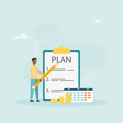 The concept of doing business with people. A man conducts a presentation, marketing research, creates a plan and strategy. Vector illustration.
