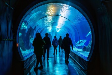 Group of people walking through an underwater tunnel in an aquarium, surrounded by sea life including sharks and rays in a captivating blue-lit environment.
