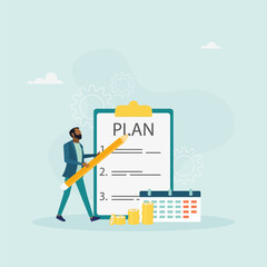 The concept of doing business with people. A man conducts a presentation, marketing research, creates a plan and strategy. Vector illustration.
