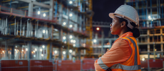 1 Black Female construction worker in safety clothes hardhat working at night shift for building civil engineer scafolding contractor diversie work builder industry banner industial  infrastructure 