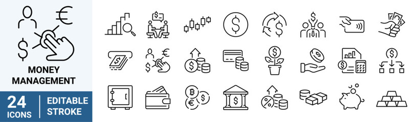 Money management related icon set. money, business. Outline icon collection. Editable stroke. Vector illustration