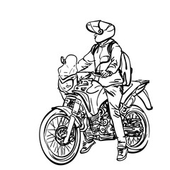 Man on a motorbike hand drawn illustration isolated, A man in urban casual clothes, with a backpack and a helmet stopped with both feet on the ground while driving a motorcycle, Vector sketch