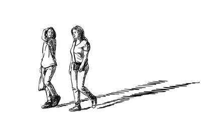 Hand drawing of two walking people, mother and daughter, casting a long shadow, Vector sketch isolated, Hand drawn illustration