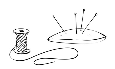 Simple drawing of spool of thread, needle and pins in decorative cushion, Vector sketch, Hand drawn illustration