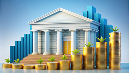 Generative ai. Illustration of a classical bank building with Greek columns in the background. In the foreground, stacks of gold coins are arranged in ascending order from left to right
