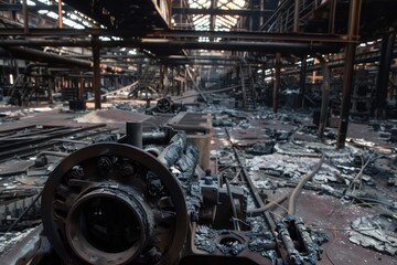 An abandoned and dilapidated industrial factory interior with charred machinery and scattered debris, showing signs of severe damage and decay.