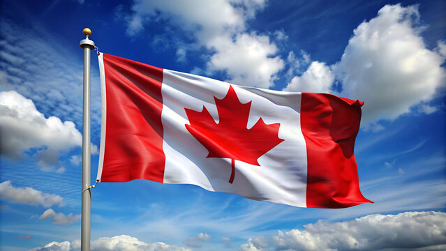 Generative ai. The image features the Canadian flag waving on a flagpole against a blue sky filled with scattered clouds