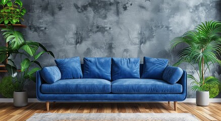 Blue Sofa in Front of Grey Wall