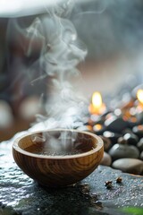A serene spa setting with steam rising from a wooden bowl of hot water