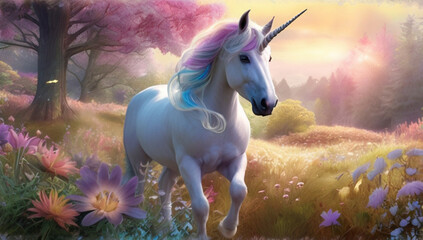 Obraz na płótnie Canvas In a whimsically enchanting magical landscape a dazzling dreamlike rainbow unicorn gallops in a meadow of pastel-hued flowers