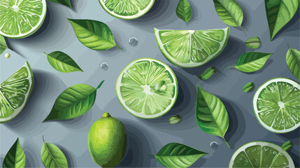 Slices of fresh lime with leaves on grey background vector