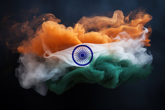 Vibrant Indian flag made from swirling clouds of orange, white, green smoke on dark background, symbolizing Indian Independence Day. Celebrating India's culture and national pride.