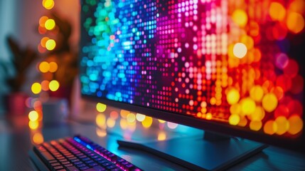 A close-up of a desktop computer monitor displaying colorful pixels against a minimalist desk backdrop.
