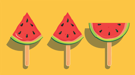 Slices of ripe watermelon with wooden sticks on color