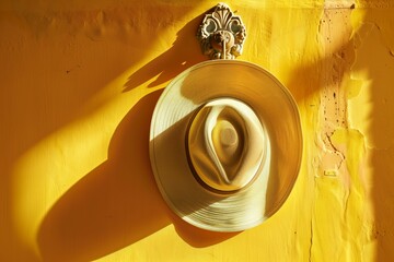 Wide-brimmed hat hanging on an ornate wall hook casting a shadow on a vibrant yellow textured wall.