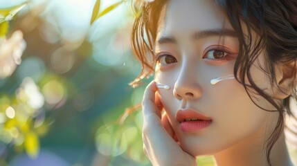 Intimate Moment of Skincare Routine A Korean Woman Delicately Applying Eye Cream in a Natural Setting