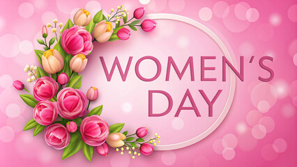 Generative ai. Generative ai. Pink background with "Women's Day" text and floral arrangement featuring pink and peach roses and tulips.