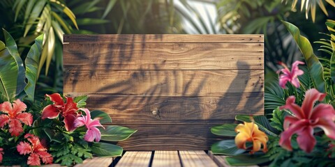 blank wooden sign in front of lush tropical flowers