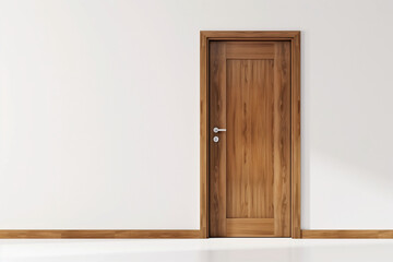 A wooden door with a silver handle sits in front of a white wall