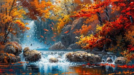 Vibrant Autumn Landscape with Cascading Waterfalls and Leaping Salmon
