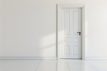 A white door with a wooden frame sits in front of a white wall