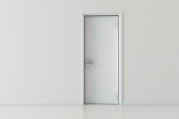 A white door with a silver handle sits in front of a white wall