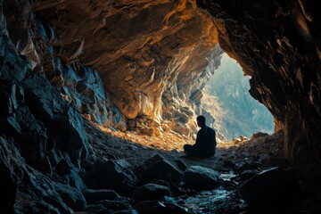 A  peaceful life in the quiet isolation of a mountain cave, AI generated