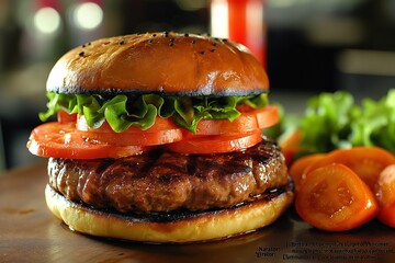 A delicious gourmet burger with a juicy beef patty, fresh lettuce, ripe tomatoes, caramelized...