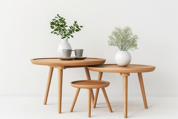 Three wooden tables with white vases and flowers on them