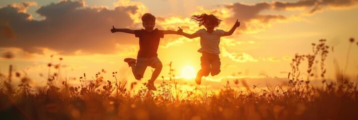 Silhouetted Children Jumping and Giving Thumbs Up Against Vibrant Sunset Sky Capturing the Essence of Youthful Freedom and Joy