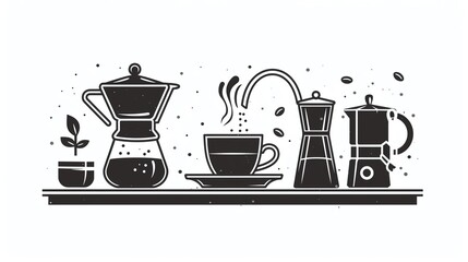 Coffee brewing flat design side view aromatic cartoon drawing black and white