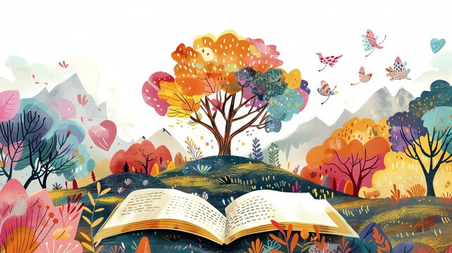 Childrens story flat design side view imaginative watercolor tetradic color scheme