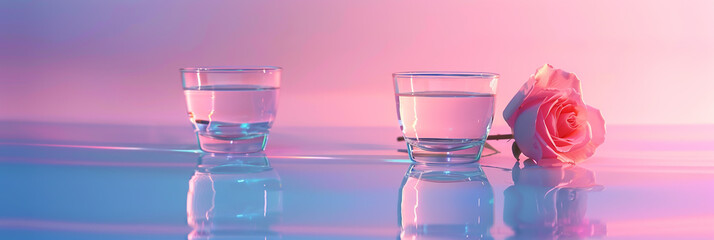 Gradient colored background with two glasses of water and a single rose flower atop a table