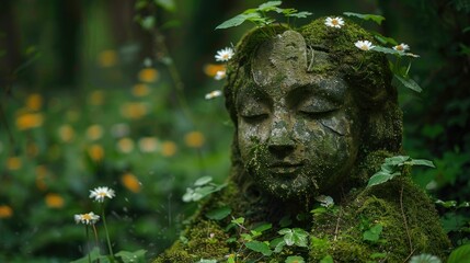 Obraz premium Moss Covered Statue Nestled in Enchanted Forest Landscape