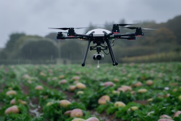Fototapeta premium A drone hovers over a field of leafy crops during a rainy day, demonstrating agricultural surveillance and technology in farming.
