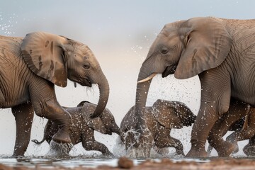 A group of elephants playfully splashing water with their trunks at a waterhole. The image captures a moment of interaction and joy among the elephants.