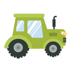 Vector green tractor in flat minimalistic style, isolated on white background. Agricultural machinery in doodle style. Country car.