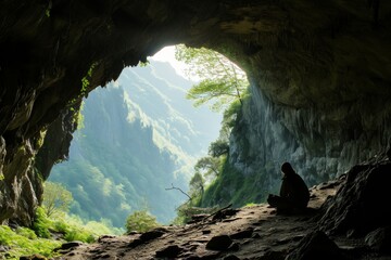 A  peaceful life in the quiet isolation of a mountain cave, AI generated