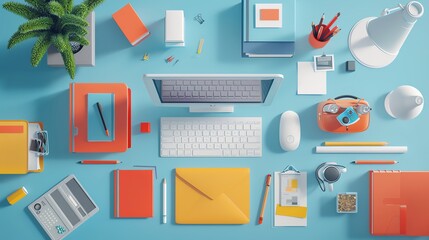 Tech workshop flat design top view educational 3D render triadic color scheme