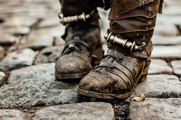 Rugged steampunk-inspired leather boots with metallic details on a cobblestone pavement, showcasing a vintage and adventurous style.