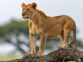 A lion (Panthera leo), sitting on an old tree trunk in the Seringetti, AI generated