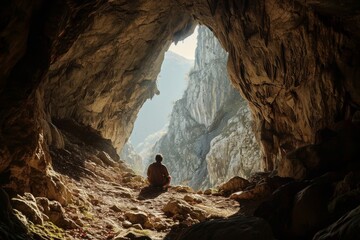 A  peaceful life in the quiet isolation of a mountain cave, AI generated