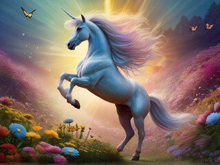 Obraz na płótnie Canvas In a whimsically enchanting magical landscape a dazzling dreamlike rainbow unicorn gallops in a meadow of pastel-hued flowers