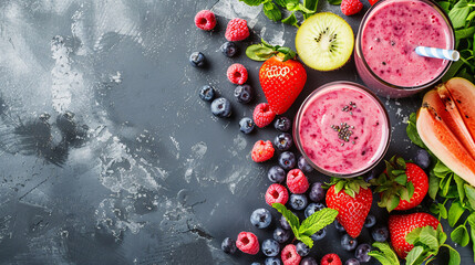 a glass of vivid colorful fruit smoothie with copy space