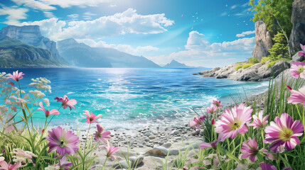 A beautiful beach scene with a body of water and pink flowers - Powered by Adobe