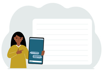 A woman holds a mobile phone with correspondence and SMS messages in his hand. Advertising, poster, place for text. Vector flat illustration.