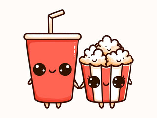 Cute kawaii popcorn and cola. Fast food. Vector cartoon illustration.