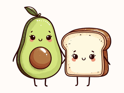 Cute kawaii toast and avocado pair. Vector cartoon character illustration isolated on white background.