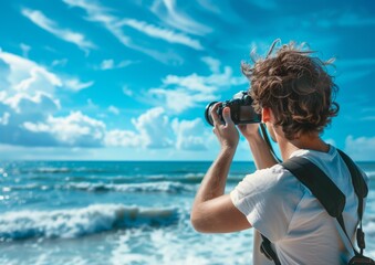 Young Photographer Taking Pictures of Ocean Landscape on Sunny Day
